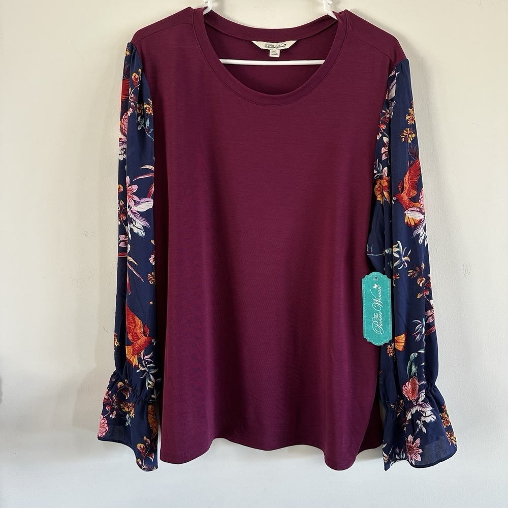 NWT Pioneer Woman Floral Burgundy Blue Flowy Long Sleeve Top Blouse 2XL Fall
